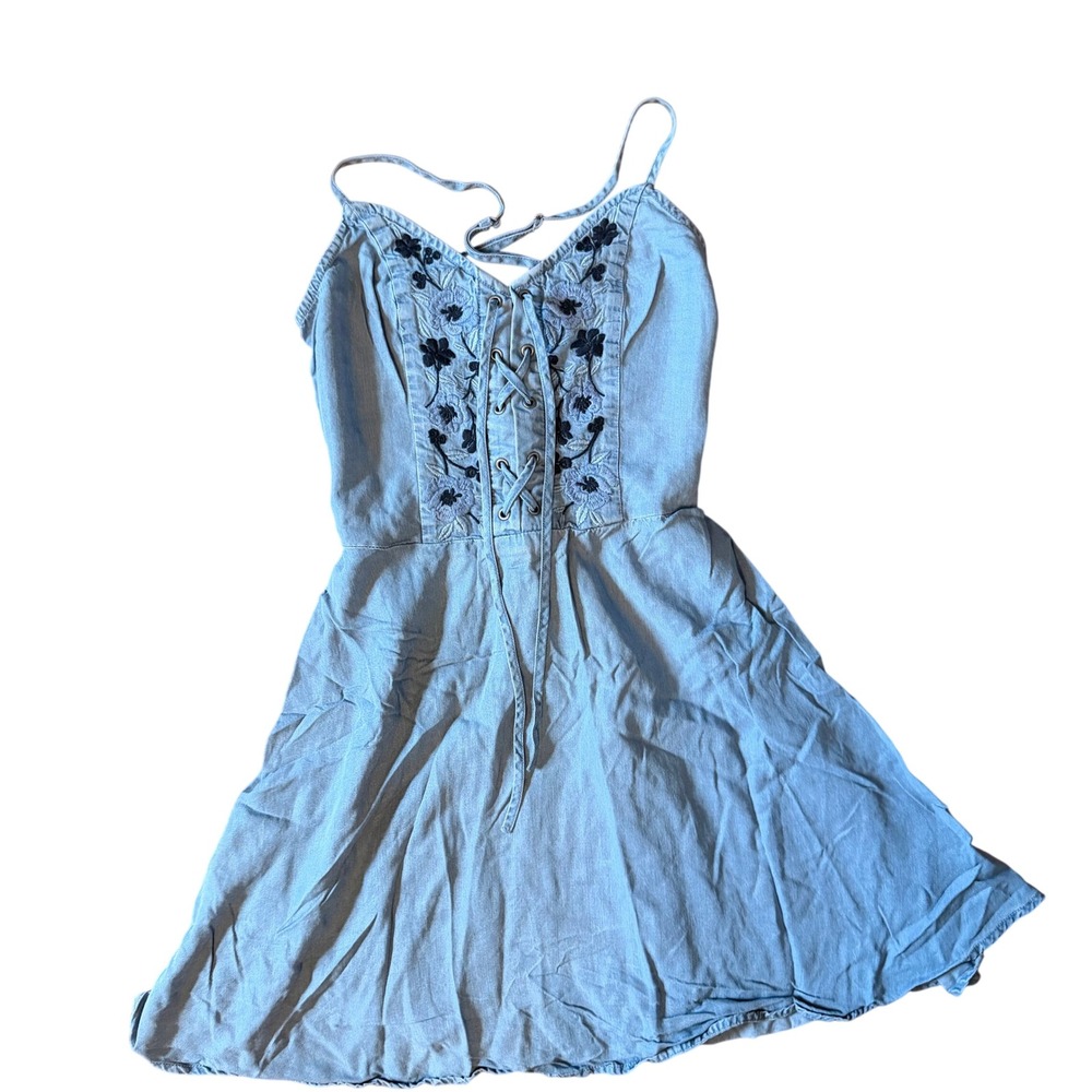Y2K Preppy Abercrombie & Fitch Boho Embroidered Women Blue Mini Dress Lyocell